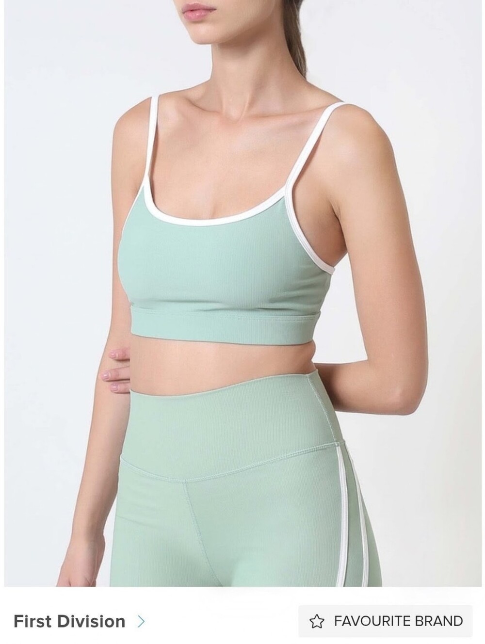 FIRST DIVISION Sage Green Ribbed Padded Sports Bra with White Trim Size S